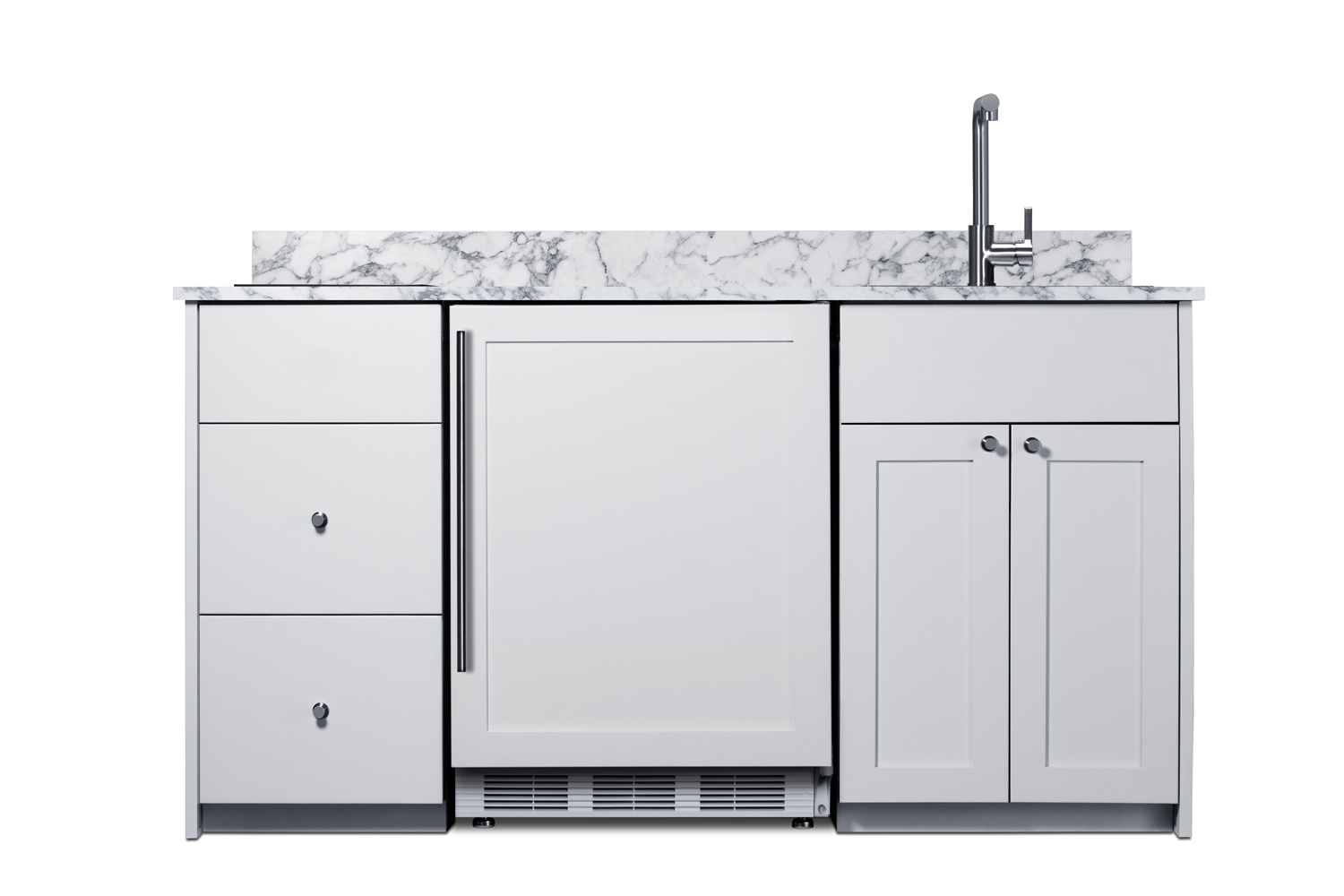 ADA-height Turnkey Caldera Kitchen featuring pre-assembled cabinetry and countertop in white, complete with ENERGY STAR certified refrigerator-freezer, ENERGY STAR certified 115V induction cooktop, storage drawers, and sink with faucet; ships in two boxes on one pallet